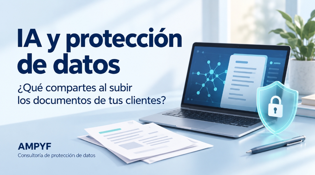 IA y protección de datos: documentos de clientes junto a un ordenador y un escudo de privacidad